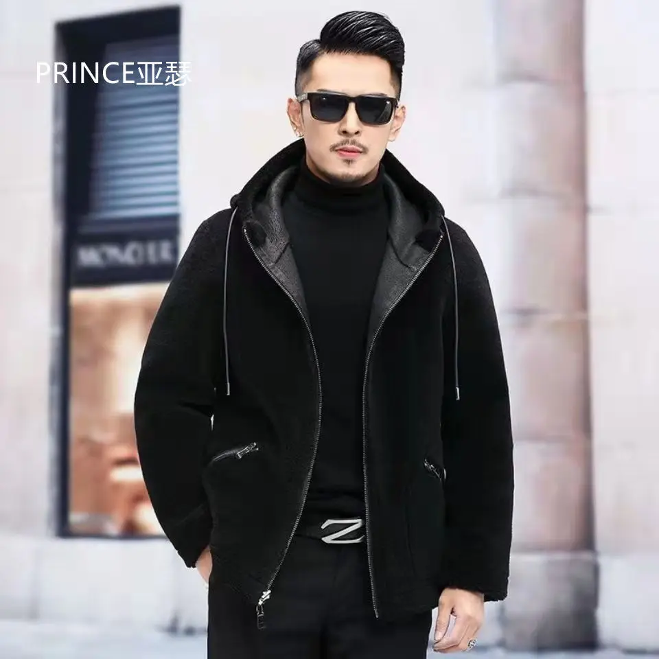 

Men's Real Fur Coat Autumn Winter Real Fur Coat Men Sheep Shearing Wool Jacket with Hood Coats Kurtki Zimowe Meskie B367