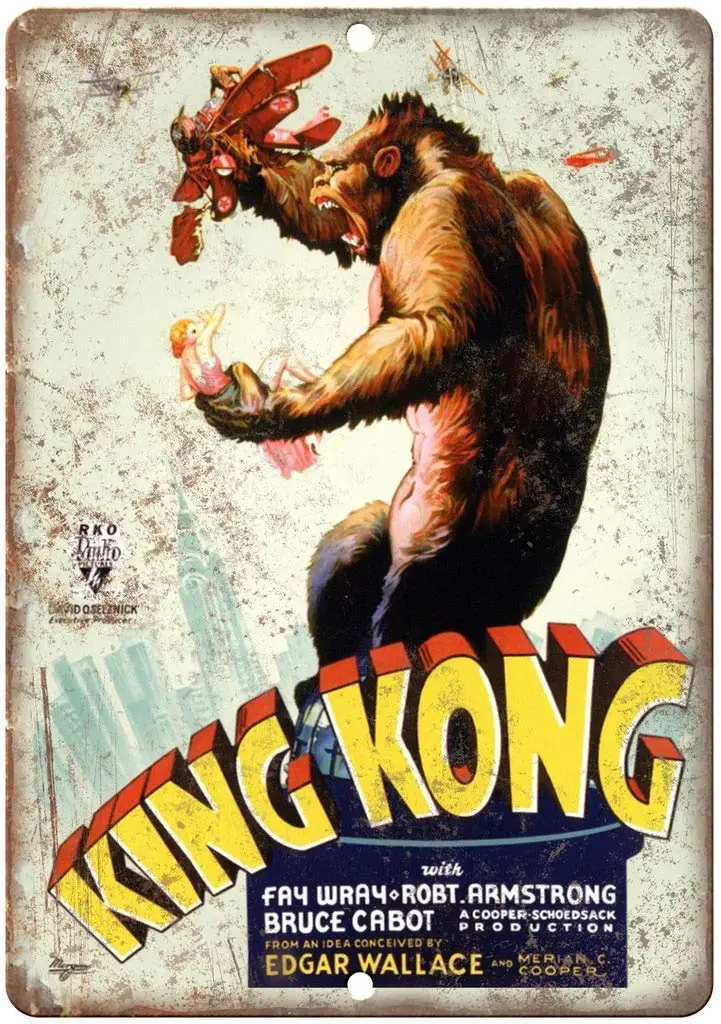 

Bobdsa Mrute King Kong RKO Rio Pictures Tin Wall Sign The Art Iron Painting Plaque Metal Wall Decoration Poster Decor Gifts for