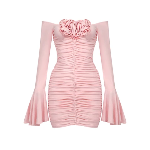 VC розовые элегантные платья для женщин с воротником-лодочкой 3D Цветочный дизайн с длинными рукавами ДРАПИРОВАННОЕ мини-платье модные женские платья