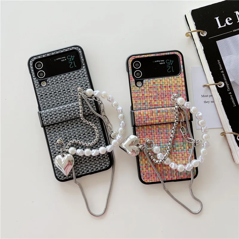 

Ins Colorful Woven Pattern Phone Case for Samsung Galaxy ZFlip 4 3 Hard Cover for ZFlip3 Zflip4 Solid Shell Bracket