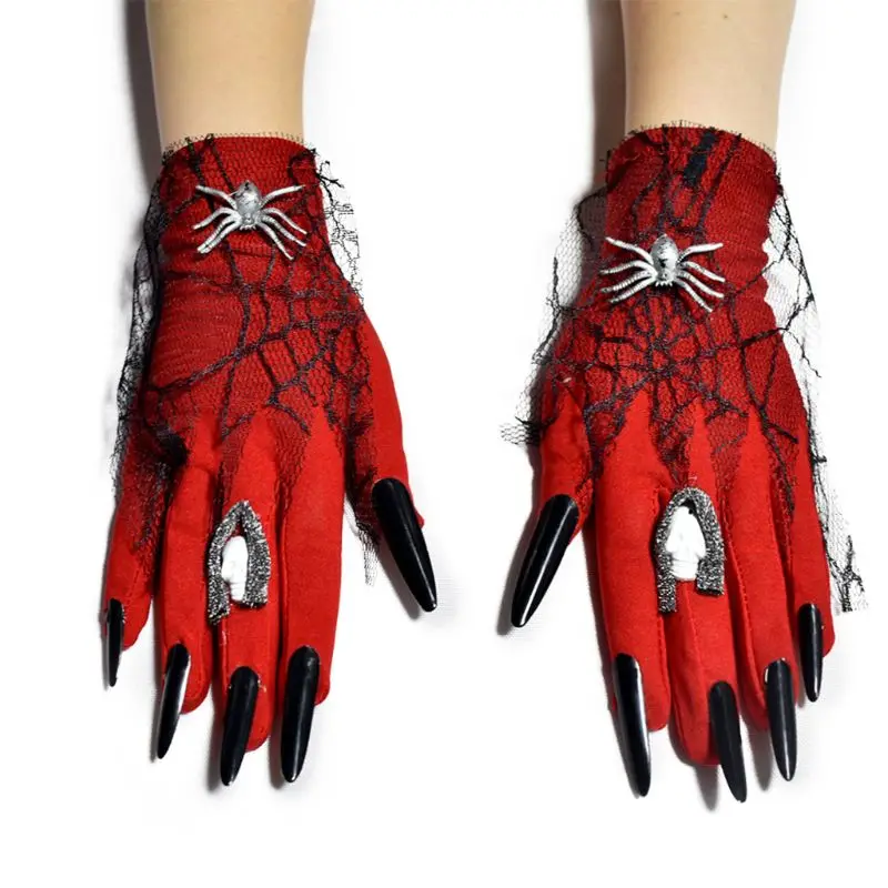 

Halloween Creative Red Witch Ghost Bride Gloves Skull Spiderweb Horror Long Fingernails Day of the Dead Cosplay Costume