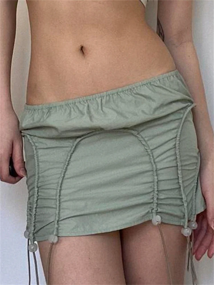 

CHRONSTYLE Y2K Retro Green Drawstring Hem Skirts 90s Vintage Low Waist Slim Mini Skirts Harajuku Grunge Streetwear Women Clothes