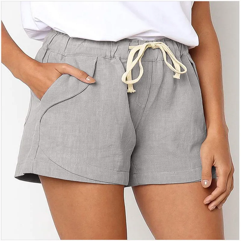 2023 Summer New Women's Simple Fashion Casual Cotton and Hemp Shorts Solid Color Pocket Drawstring Slim Fit Sexy Thin Beach Pant