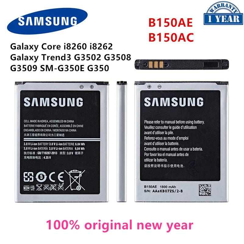 

SAMSUNG Orginal B150AE B150A Battery 1800mAh For Samsung Galaxy Core i8260 i8262 Galaxy Trend3 G3502 G3508 G3509 SM-G350E G350