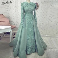 elegant muslim lace appliques formal banquet evening dresses long sleeves o neck a line dubai arabic party prom gowns for women