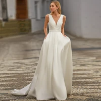 simple wedding dress v neck pockets buttons sweep train beach wedding gowns a line sleeveless draped belt classic bridal dresses