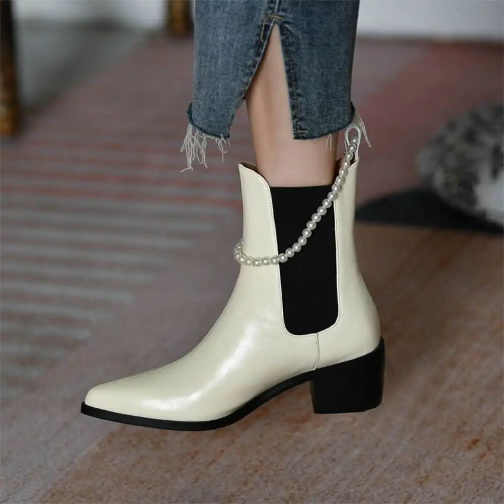 Ankle boots female shoes women single boots spring and autumn pointed middle thick heel pearl winter Chelsea boots