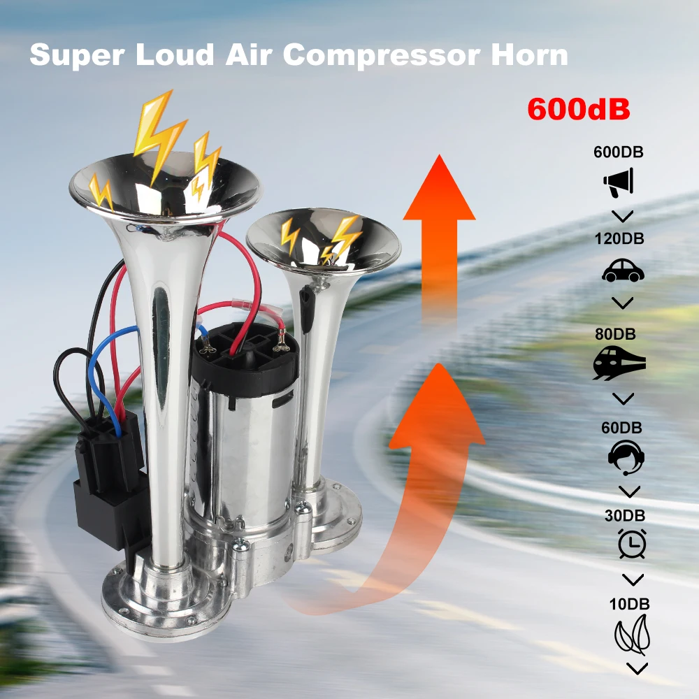 600dB Car Electric Horn Dual Trumpets 12V Modification For Motorcycle Boat Truck With Air Compressor and Relay Super Loud