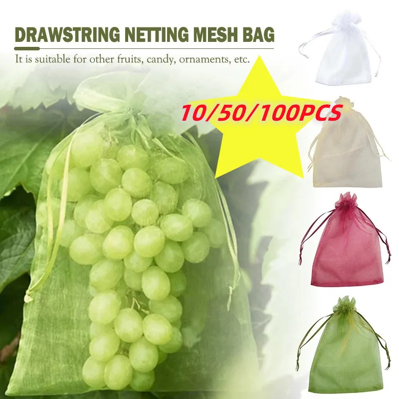 

100pcs Fruit Protection Bags Grapes Bag Pest Control Anti-Bird Garden Netting Drawstring Planter Grow Bags