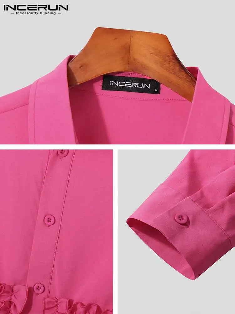 Fashion Well Fitting New Men Tops INCERUN Hollow Long Sleeve Blouse Casual Streetwear Male Bow Solid Printing Lapel Shirts S-5XL