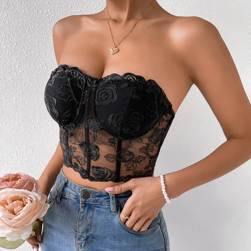 

High Street Embroidery Tube Top Women's Camisole Fashion Bustier Bra Sexy Strapless Cropped Tops Female Transparent Underwear