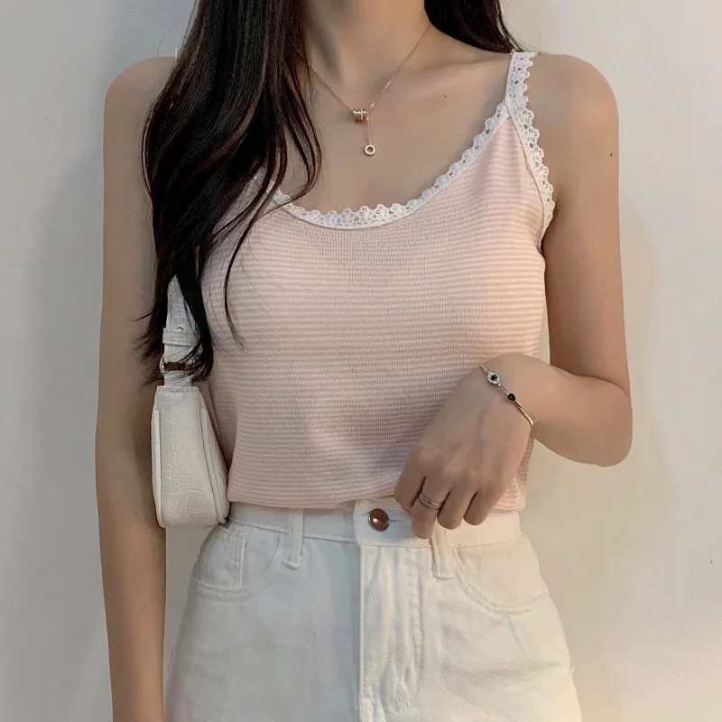 

Sweet Striped Tops Women Summer 2022 Lace Trim Casual Camis Cute Tee