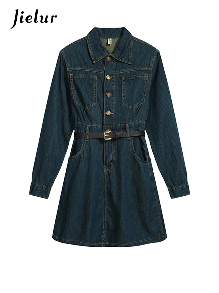Jielur Женское джинсовое платье-поло голубое Элегантное однобортное винтажное