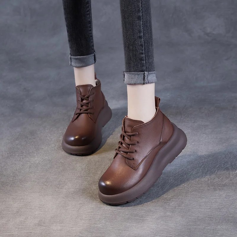 DRKANOL/женские ботинки из натуральной кожи ботильоны на танкетке и массивной