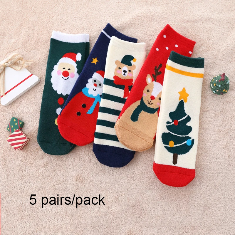 

5 Pairs/Pack Striped Cotton Terry Socks Christmas Socks Decorations Snowflake Elk Santa Claus Kids Sokken Christmas Stocking