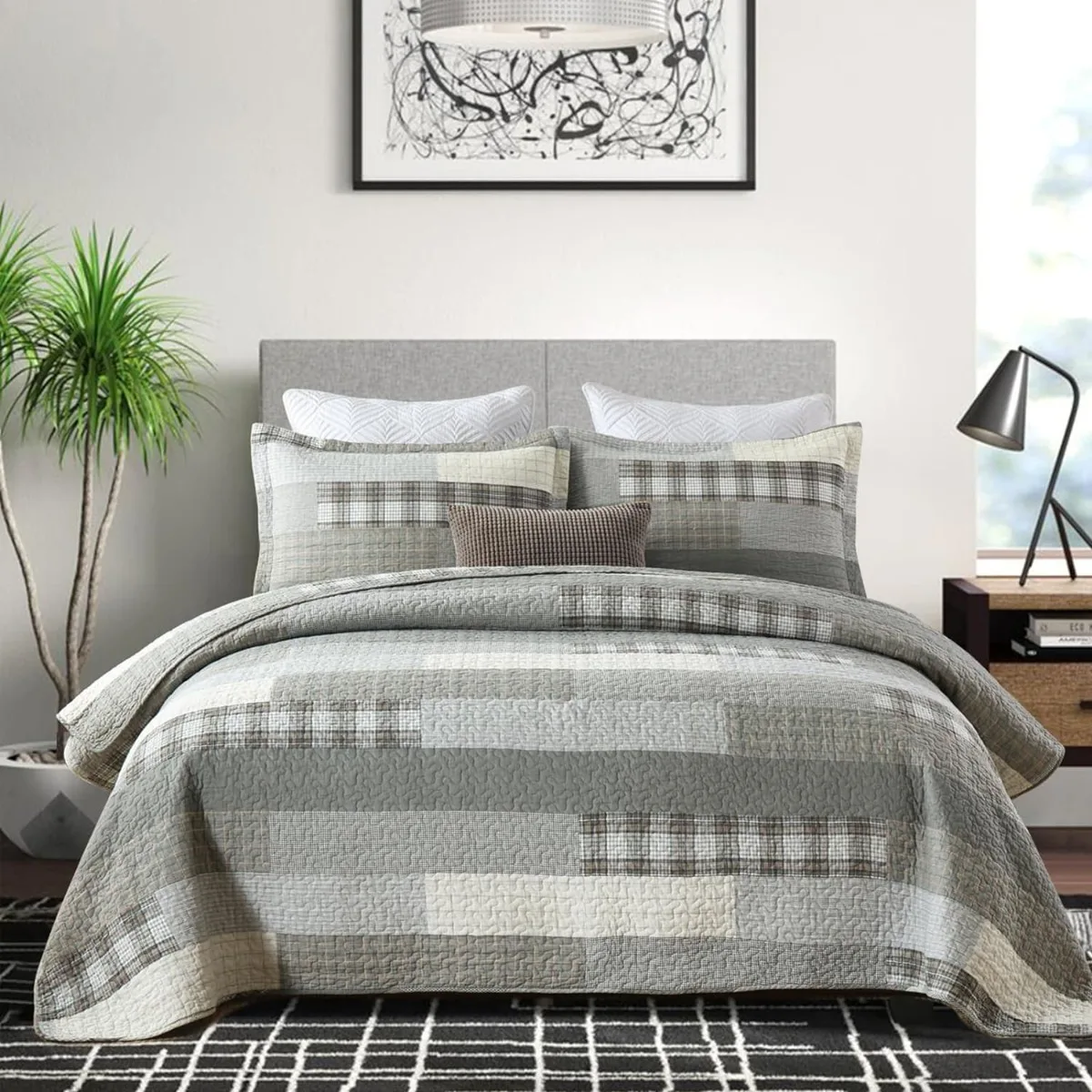 

Комплект стеганого одеяла из 100% хлопка, Королевский размер, легкое двухстороннее одеяло для фермерского хозяйства, серый (серый)/кремовый/хаки, 3 предмета
