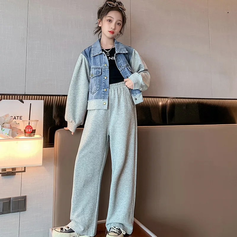 

Осеннее джинсовое пальто для девочек-подростков, комплект одежды, Детский костюм, вязаная джинсовая куртка в стиле пэчворк, джинсы, комплект одежды для девочек из 2 предметов