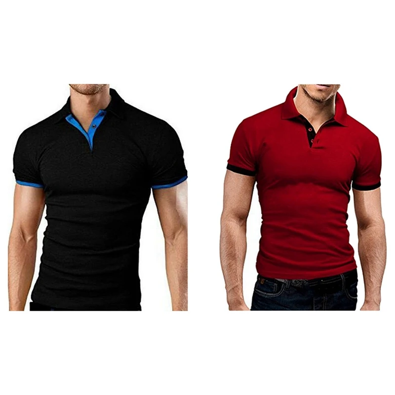 

2 Pcs Men Short Sleeve Polo Shirt Polo Shirts Slim Solid Color Business Men's Polo Shirts 5XL, Black Blue & Wine Red