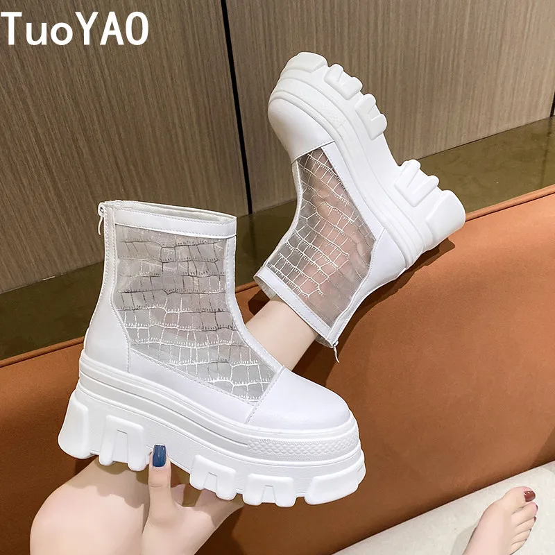 

Women High Heels 8CM Thick Heel Ankle Boots Zipper Black Chunky Boots Spring Summer Leather Woman Boots Platform Leather Shoes