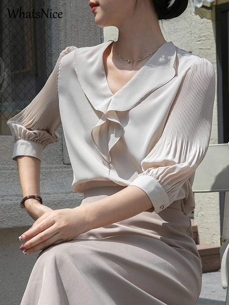 

Office Lady Elegant Fashion Three Quarter Chiffon Blouses Women 2022 Summer New Female Puff Sleeve Cute Ruffle Top Dropshipping
