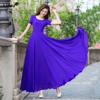 fashion casual solid color short sleeve noble slender long skirt popularity o neck empire chiffon summer women clothing