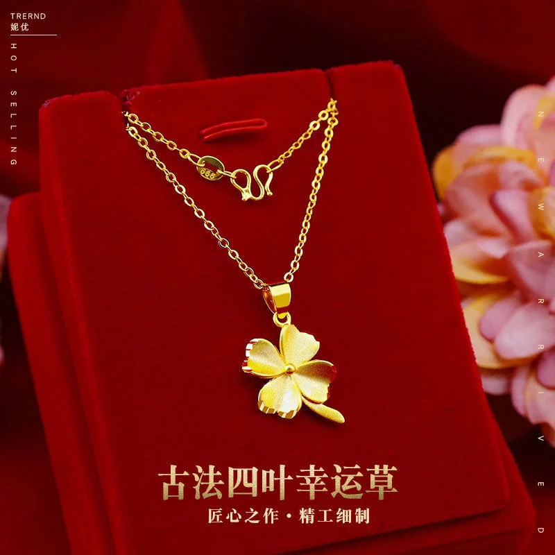 

New Four Leaf Grass Copy 100% Real Gold Necklace for Women in South Korea Online Red Light Luxury Small Number of Advanced