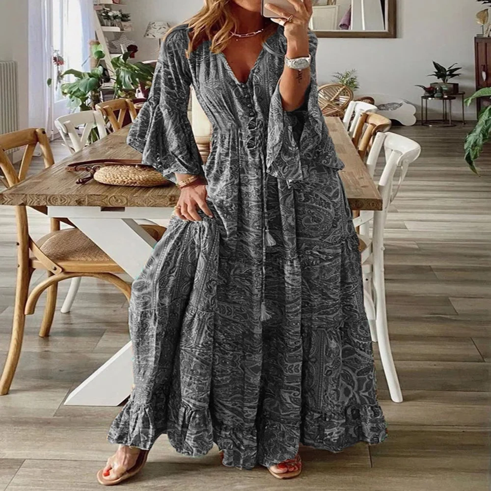 

Women Bohemian Beach Maxi Dress Spring Summer Casual V-Neck Long Sleeve Dresses Female Vintage Floral Print Long Dress Vestidos