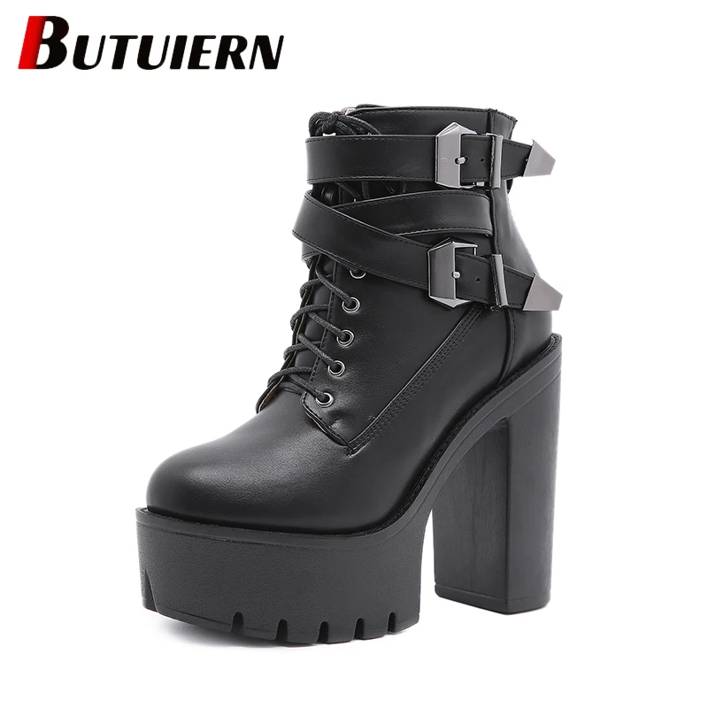 

Winter New Fashion Women's Lace-up Sponge Cake Thick-soled Straps Thick-bottomed Platform Thick High-heeled Ankle Boots