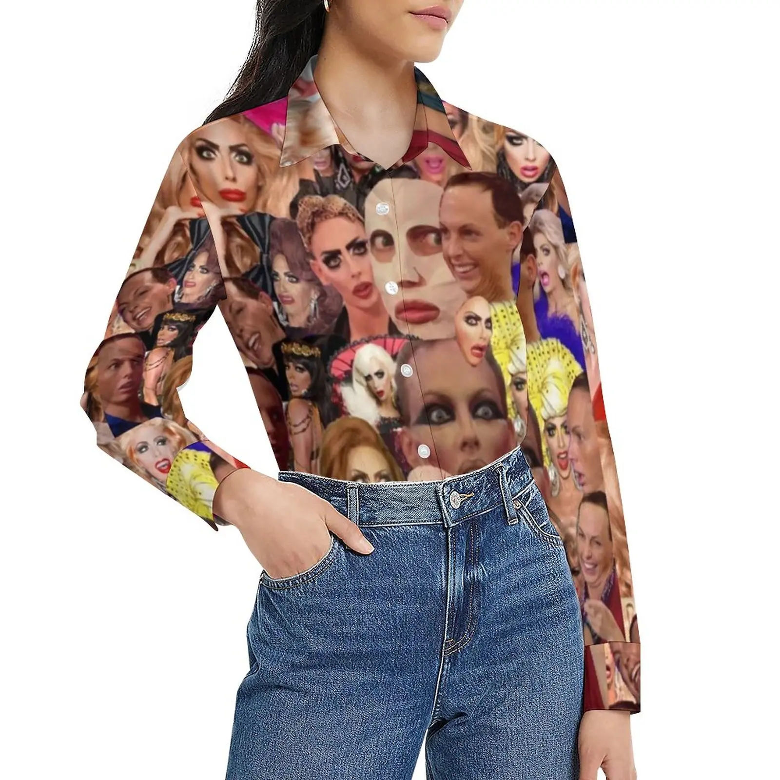 

Queens Meme Print Loose Blouse Alyssa Edwards Collage Streetwear Oversized Blouses Long Sleeve Vintage Shirt Spring Graphic Top