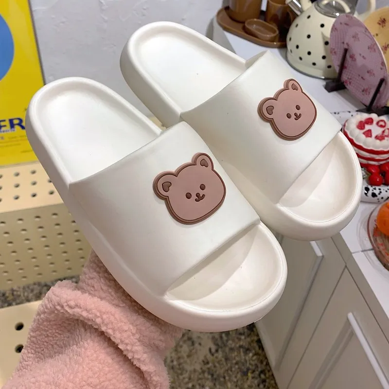 Summer Slippers for Women and Men Sandals Beach Slides Flip Flops Cartoon Bear Thick Soled Unisex Bathroom Shoes