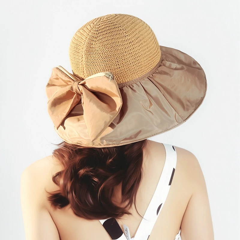 

Панама женская однотонная с защитой от УФ-лучей, стильная мягкая складная шапка от солнца, с широкими полями, для пляжа и отдыха на открытом воздухе, кепка для хвоста