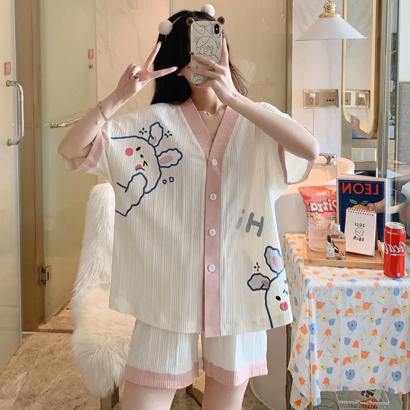 Women's Pajamas Summer Suit Cotton Short Sleeved Sleepwear Cute Cool Cardigan Pyjamas Plus Size 2 Piece Set Nightwear Homewear