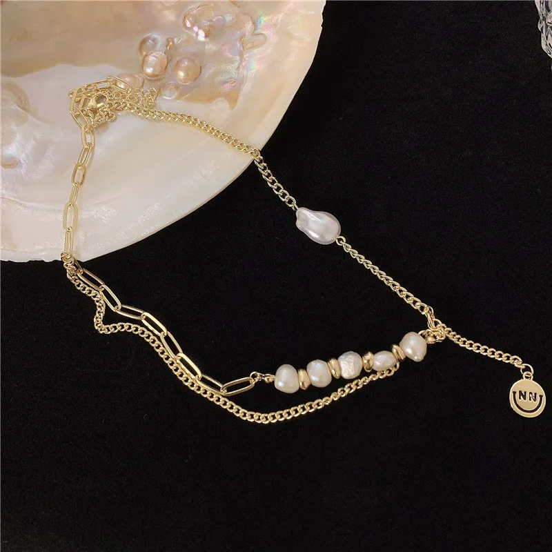 

Baroque Irregular Pearl Necklace For Women Double layer Pendant Necklace Collar Chain INS Design Temperame Alloy Letter Necklac