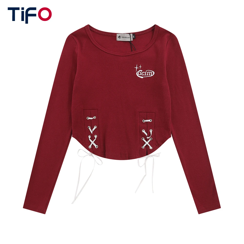 

Hot Girl Embroidery Short Sleeve T-shirt Women Autumn Curved Hem Lace Up Crew Neck Cotton Tee