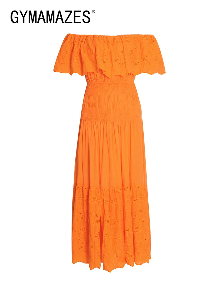 

GYMAMAZES Off Shoulder Solid Dress For Women Slash Neck Short Sleeve High Waist Cut Out Minimalist Midi Dresses Female 2022 New