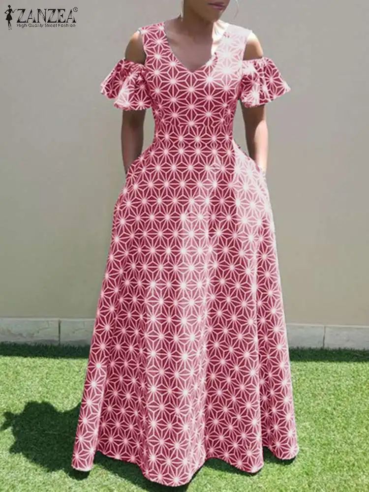 

Элегантный женский летний сарафан большого размера ZANZEA, модные длинные платья с V-образным вырезом и коротким рукавом и принтом, вечерние пл...