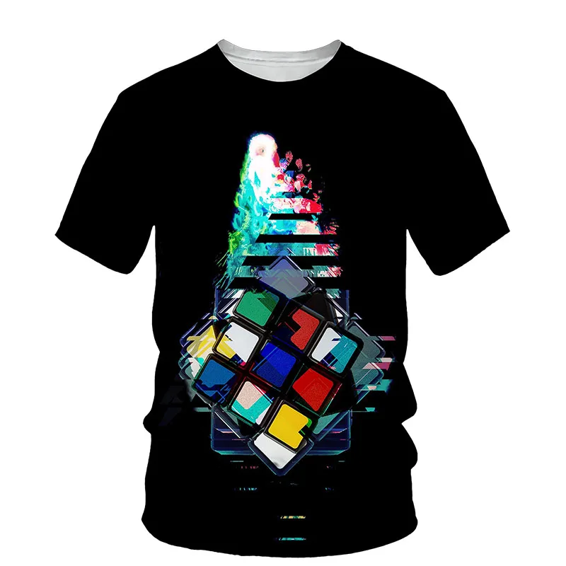 

Men's T-shirt Summer Trend Round Neck Short Sleeved Elegant Loose Fitting T-shirt Hip-hop Style 3D Printed Rubik's Cube Pattern