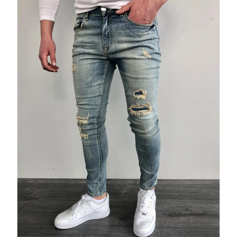

S-3XL New Fashion Men's Ripped Jeans 2022 Casual Pencil Pants Zipper Pocket Slim Vintage Light Blue Denim Trousers Spring Summer