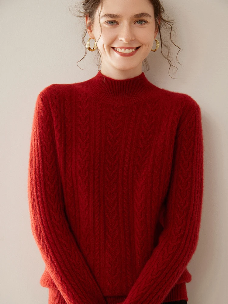 Витой двухрядный утолщенный кашемировый свитер женский с полувысоким