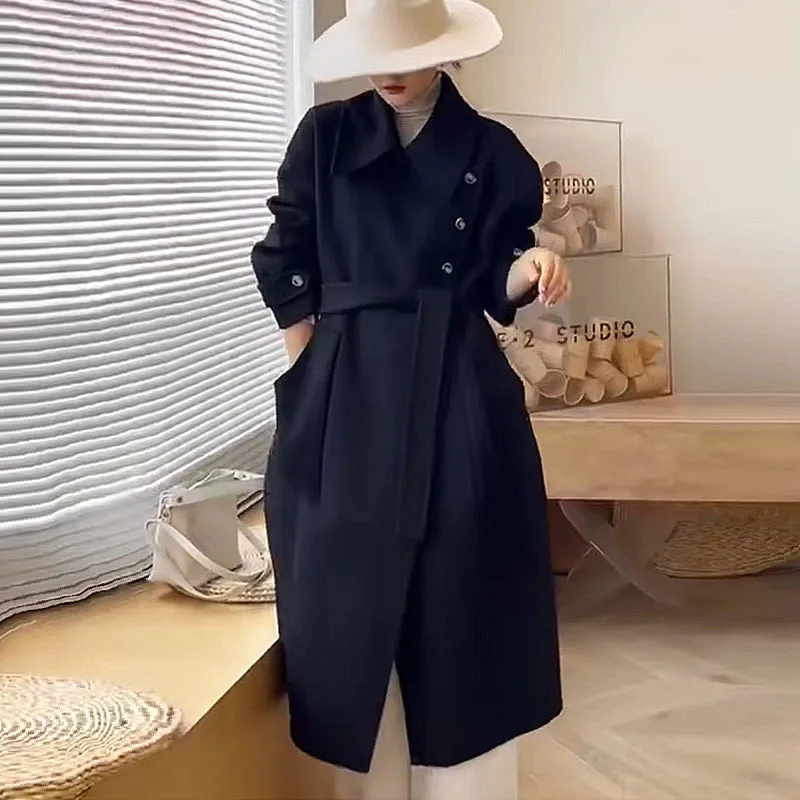 

SuperAen Double-faced Wool Coat Autumn and Winter 2022 New Belt Casual Retro Woolen Coat