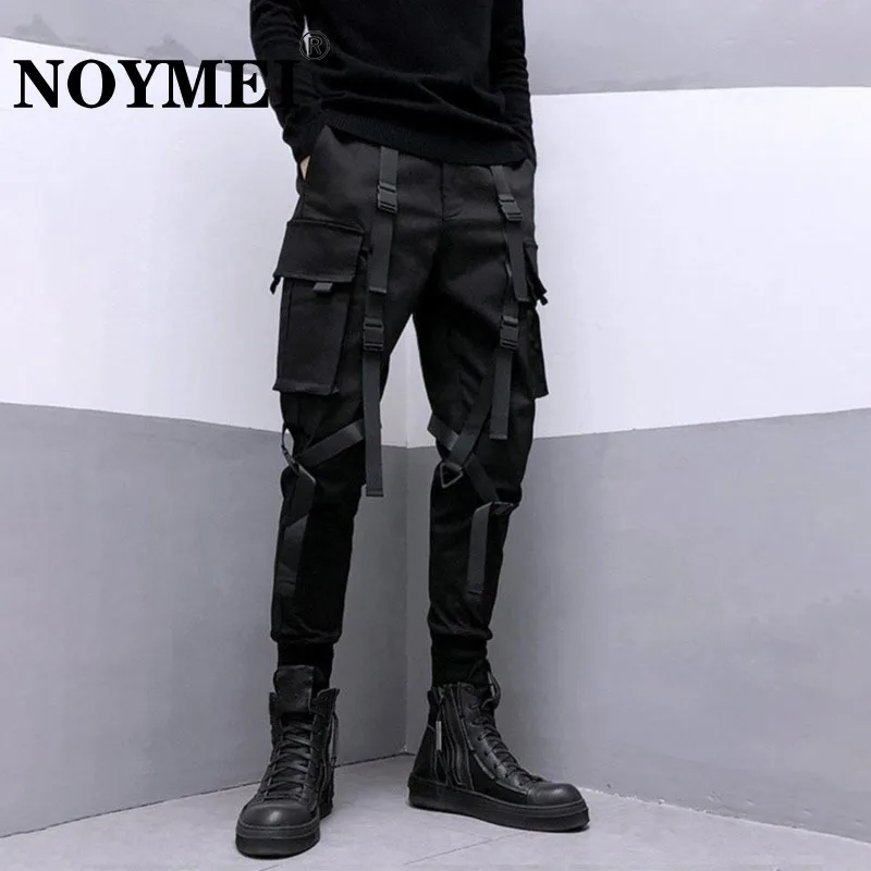 

NOYMEI Elastic Waist Slim Tactical Darkwear Cargo Pants Men High Street Streetwear Safari Style Webbing Spliced Techwear WA2048