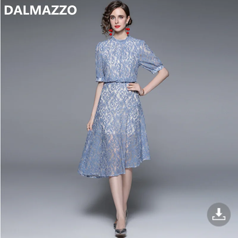 

DALMAZZO New Summer Runway Designer Vintage Lace Jacquard Irregular Long Dress Women Round Neck Half Sleeve Casual Vestidos XXL