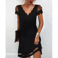 fashion women casual solid color straight dress daily vacation short sleeve v neck contrast lace scallop trim casual dress