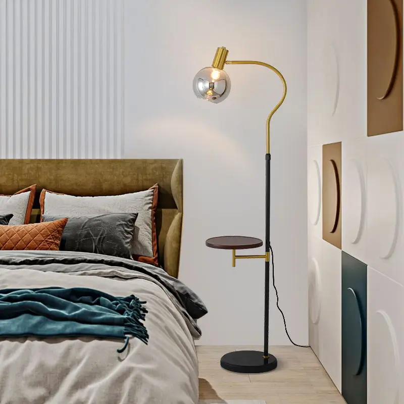

Modern Creative Led Floor Lamp with Solid Wood Tray Luxury Living Room Bedroom Sofa Wireless Charging Metal Standing Lights