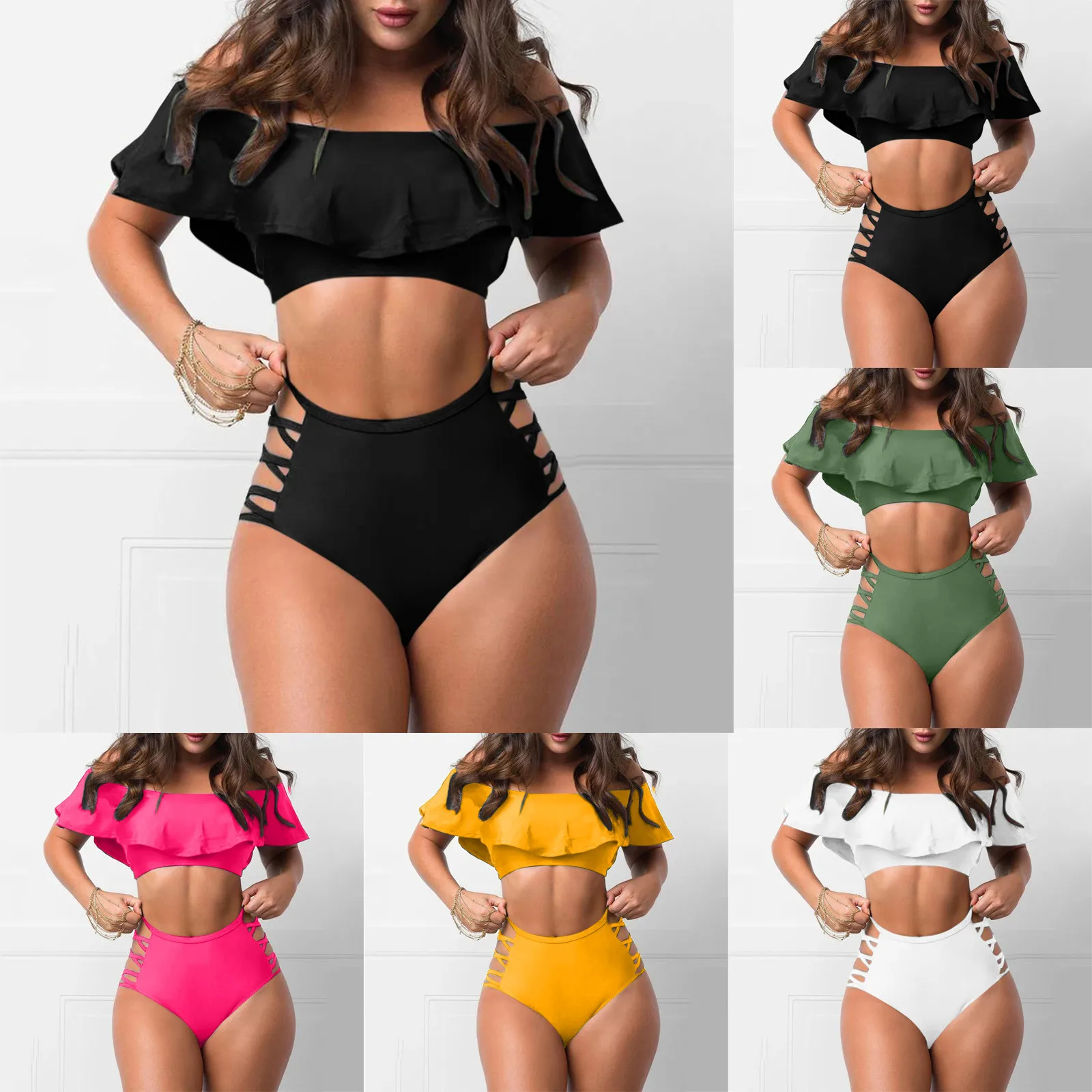 

2023 Swimwear Women Ruffled Off Shoulder Sexy Bathing Suit Female Tight Solid Color Split Swimsuit Beachwear Set Ladies Bikinis