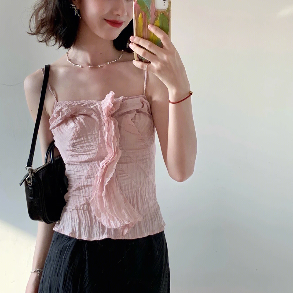 

Pink Niche Water Wave Pleated Women's Camisole 2022 Summer New Fashion Temperament Sexy Slim Vest Top Women