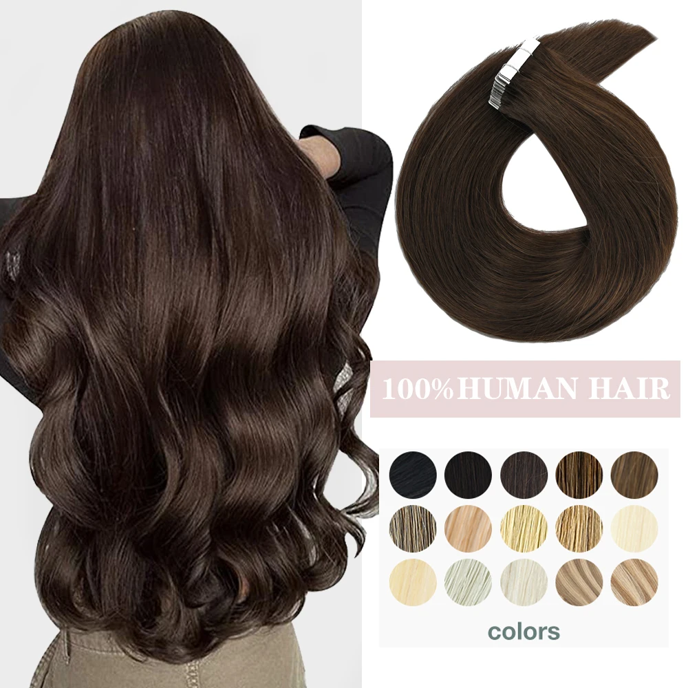 VLASY 20PCS Tape In Human Hair Extensions For Women Real Natural Machine Remy Adhesive Brazilian Straight 28inch Long Hairpiece