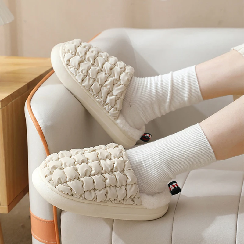 

Womens House Slipper Female Puff Winter Warm Plush Cotton Indoor Fuzzy Non Slip Room Home Floor Shoes Casual Waterproof White