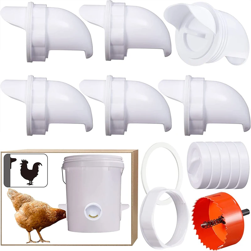 

No Waste Chicken Feeder with Rat Stopper Caps,6 Ports and Hole Saw,DIY Poultry Feeder Port Gravity Automatic Fed Kit for Buckets