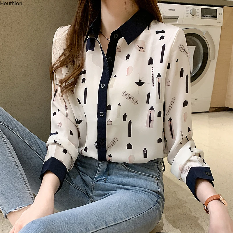 

Summer Chiffon Print Fashion Korean Casual Retro Loose Long Sleeve Women Shirt